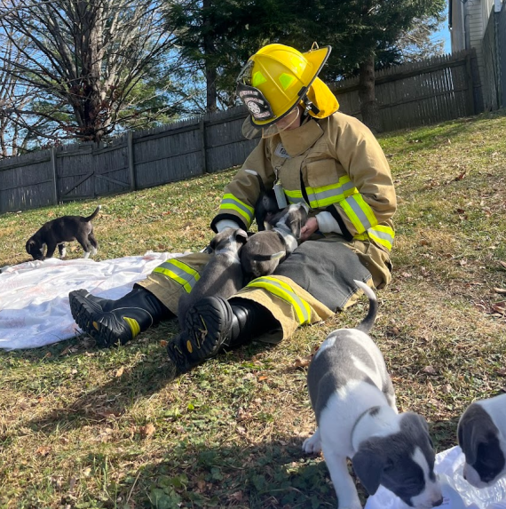 socializing in fire fighter outfit